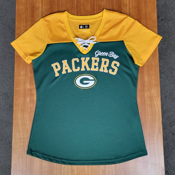 Women's NFL Team Apparel Lace Up V-Neck Green Bay Packers Football T-Shirt - M - Picture 5 of 7